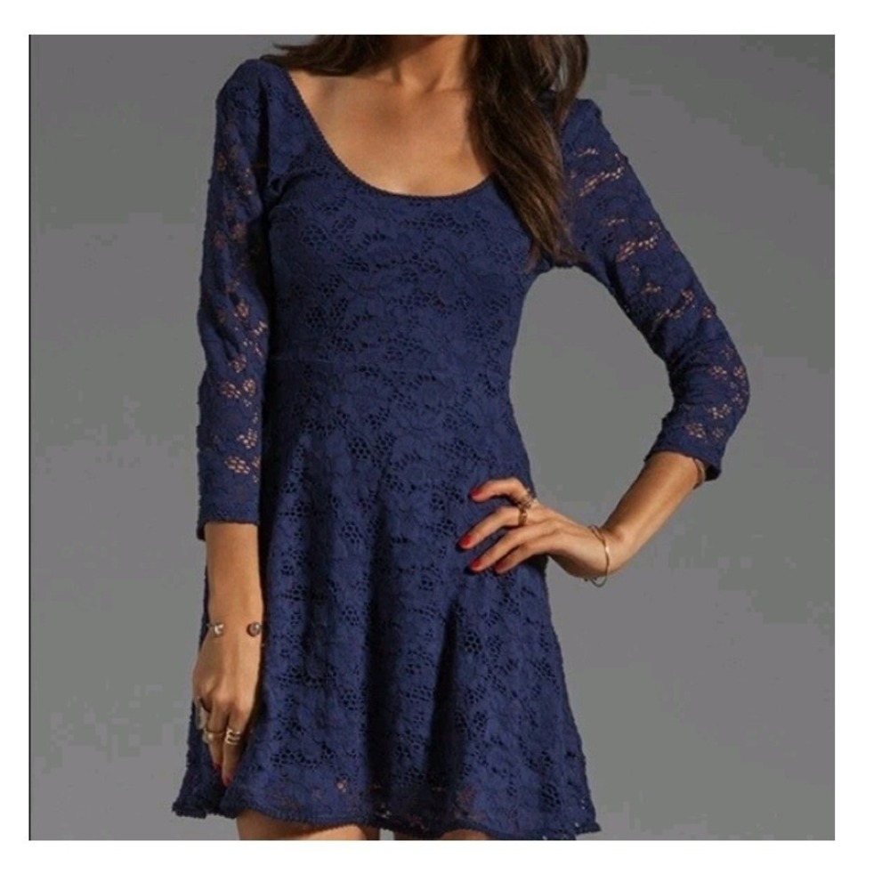 Free People Royal Blue Floral Lace Fit and Flare‎ 3/4 Sleeve Mini Dress Small